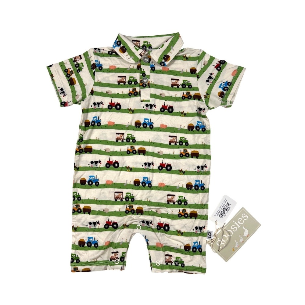 Goosies Farm Life Bamboo Polo Romper 12-18M Tractor Print Lightweight Summer NWT